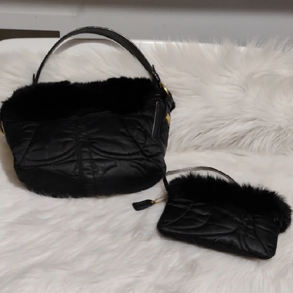 Coach Y2K Black Shoulder Bag W Rabbit Fur Trim & Matching Wallet/Wristlet Bundle